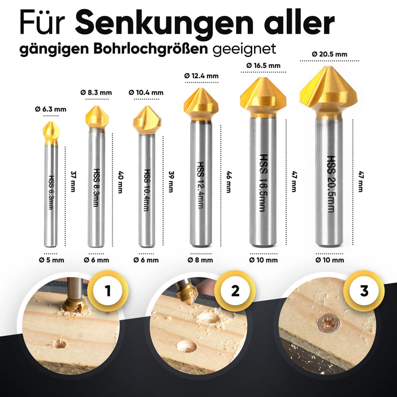 monkeystrong countersink 90° Ø 6.3-20.5 mm made of HSS steel - really sharp - countersink and deburrer set for wood, metal and plastic in a practical TIN storage box