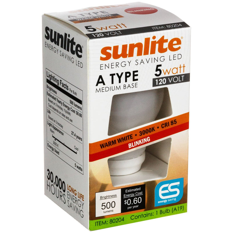 Sunlite 80204 LED A19 Blinking Light Bulb 5 Watts (40W Equivalent), 500 Lumens, Medium E26 Base, Blinker Flashing Feature, Frost Finish, 1 Count (Pack of 1), 3000K Warm White