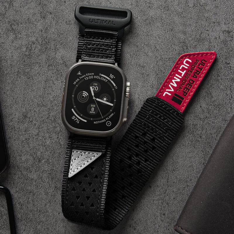 ULTIMAL Band Compatible with Apple Watch 49mm 45mm/44mm/42mm 41mm/40mm/38mm, Tough Breathable Nylon Sports Strap, Hollow Out Design for iWatch Series 8/7/6/5/4/SE/3/2/1/Ultra 45mm/44mm/42mm - L Black