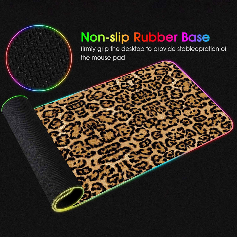 RGB Gaming Mouse Pad with Coffee Coaster, XXL Large Glowing LED Mousepad, Anti-Slip Rubber Base, Computer Keyboard Desk Mouse Mat 31.5 X 11.8 Inch - Leopard Print