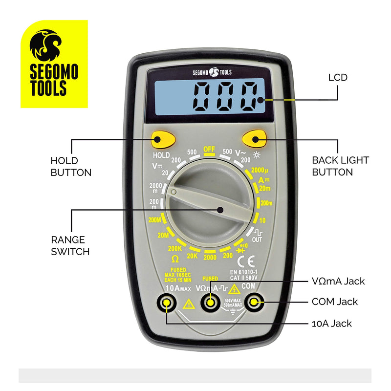 Segomo Tools 500 Volt Multimeter - Amp & Diode Voltage, Resistance & Continuity Digital Multimeter - Voltage Tester AC & DC - Continuity Tester & Voltage Meter - Multimetro - DM500