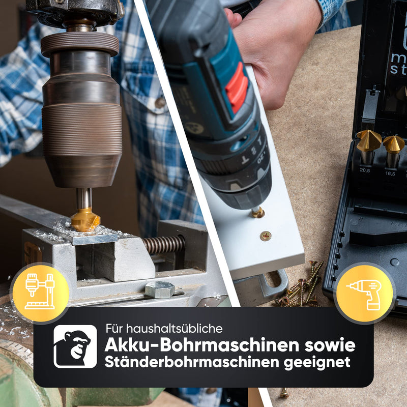 monkeystrong countersink 90° Ø 6.3-20.5 mm made of HSS steel - really sharp - countersink and deburrer set for wood, metal and plastic in a practical TIN storage box