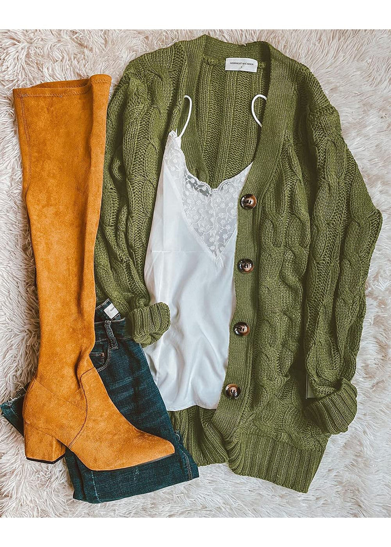 PRETTYGARDEN Womenâ€™s Long Sleeve Open Front Knitted Cardigan Sweater Button Down Chunky Outwear Coat Army Green Small