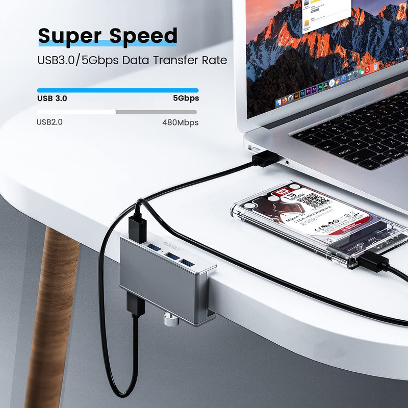 ORICO USB 3.0 Hub Clamp Adapter, Aluminum 4-Port USB Splitter with Extra Power Supply Port and 4.92 FT USB Data Cable, Ultra-Portable USB Expander for MacBook Air/Laptop/PC Sliver