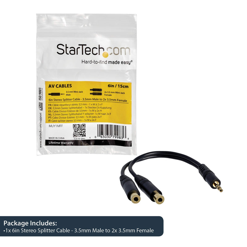 StarTech.com 6 in. 3.5mm Audio Splitter Cable - Stereo Splitter Cable - Gold Terminals - 3.5mm Male to 2x 3.5mm Female - Headphone Splitter (MUY1MFF),Black Standard Cable Black