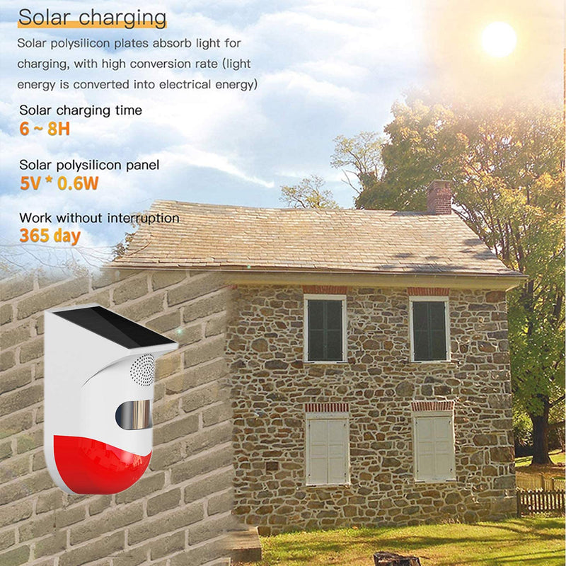 Solar Strobe Light with Motion Detector: Solar Alarm Light 120db Sound Security Siren Low False Alarm Rate Arm/Disarm by Remote Controller IP65 Waterproof for Home, Farm, Barn, Yard -DC Charging