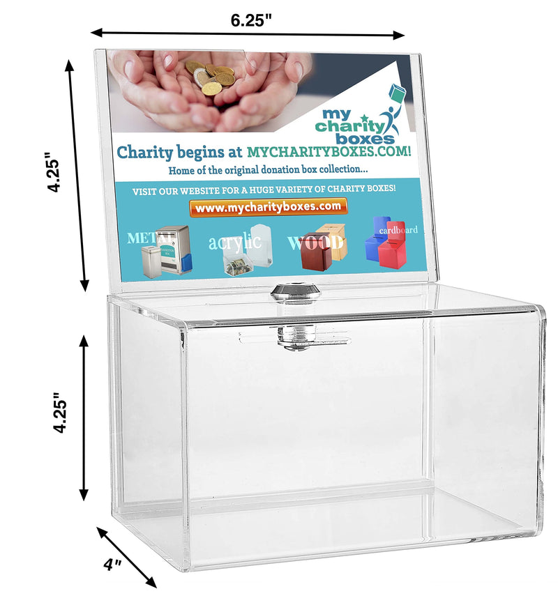My Charity Boxes Inc. MCB - Clear Acrylic Donation Collection Box with Lock - Small - with 4-6 Display