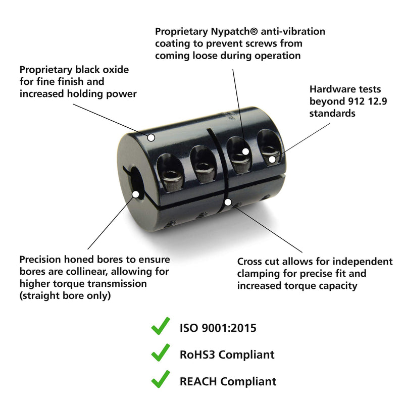 Ruland MCLX-3-3-F One-Piece Clamping Rigid Coupling, Black Oxide Steel, Metric, 3mm Bore A Diameter, 3mm Bore B Diameter, 15mm OD, 22mm Length