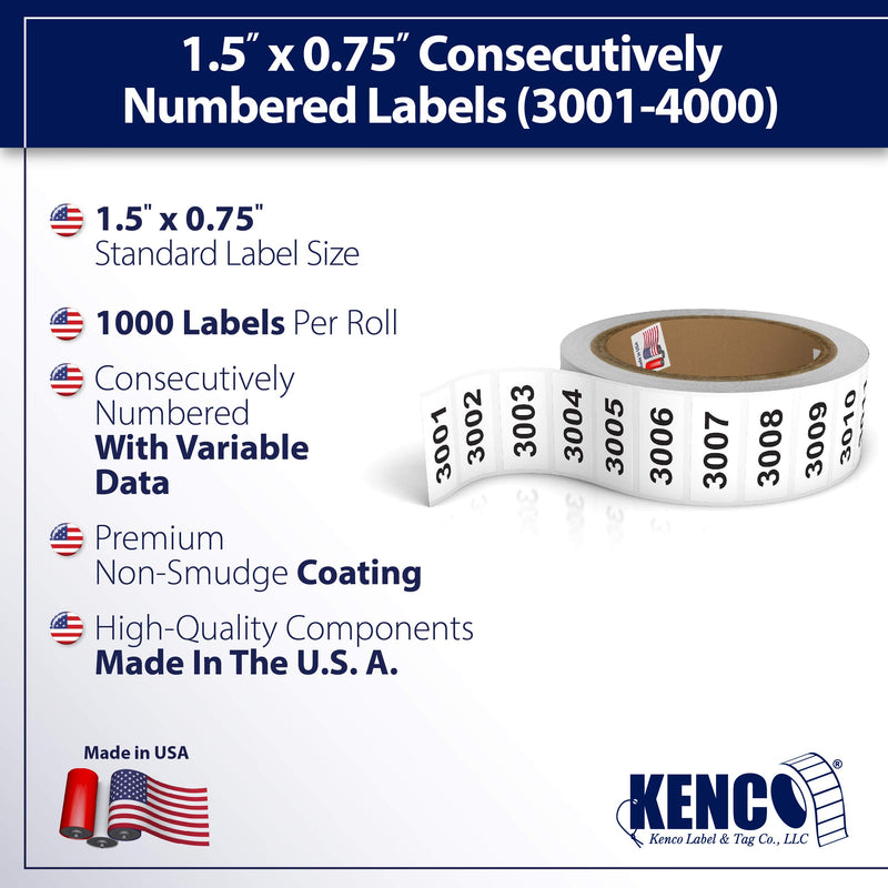 Consecutively Numbered Labels. Measure: 1.5" X 0.75" Paper Material (Various Number Sequences Available) (3001-4000) 3001-4000