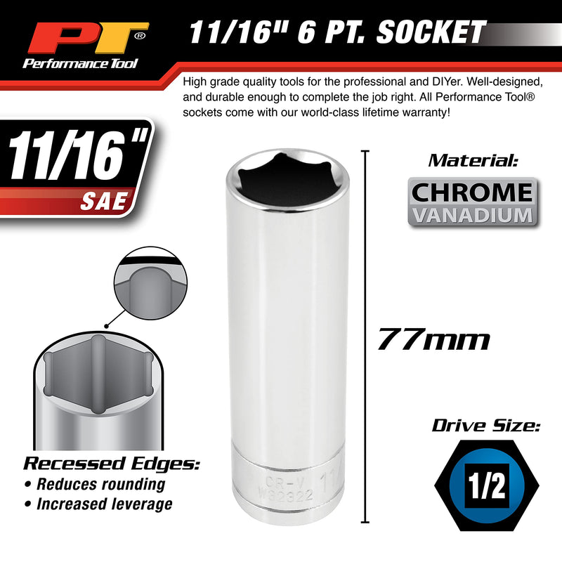 Performance Tool W32322 1/2" Dr 11/16" 6pt DW Socket 11/16" Deep Wall