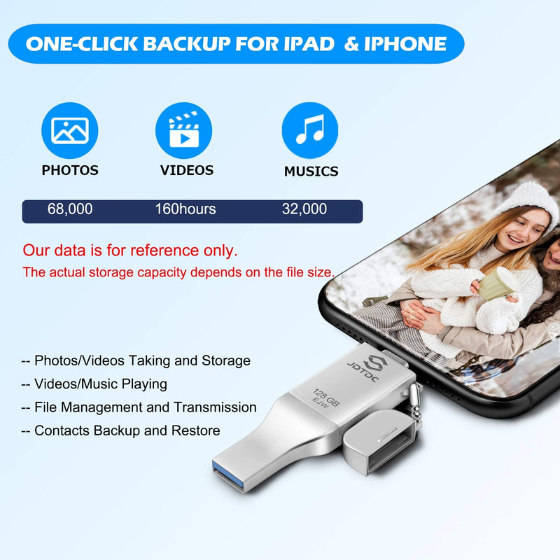 128GB Apple MFi Certified iPhone-Photo-Stick, 3 in 1 USB3.0 iOS Flash-Drive, Photo-Stick-for-iPhone, iPhoto Memory-Stick Thumb Drives for iPhone Backup Memory Stick for iPhone, iPad, Type-C Phone, PC 128GB silver