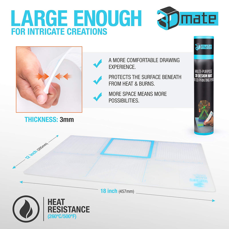 3Dmate Base - Transparent 3D Pen Mat 18 x 12 Inches with Fuse and Join Area - Flexible Two-Sided Heat-Resistant Silicone - 3D Pen Accessories Compatible with Stencils - STEM Activity for Kids, Adults