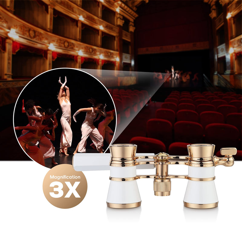 Yourelexit® Opera Glasses Binoculars 3X25 Lorgnette Theater Glasses Optical BK9 Mini Compact Lightweight Built-in Foldable Adjustable Handle Vintage for Adults Kids Women in Musical Concert Cinema White With Handle