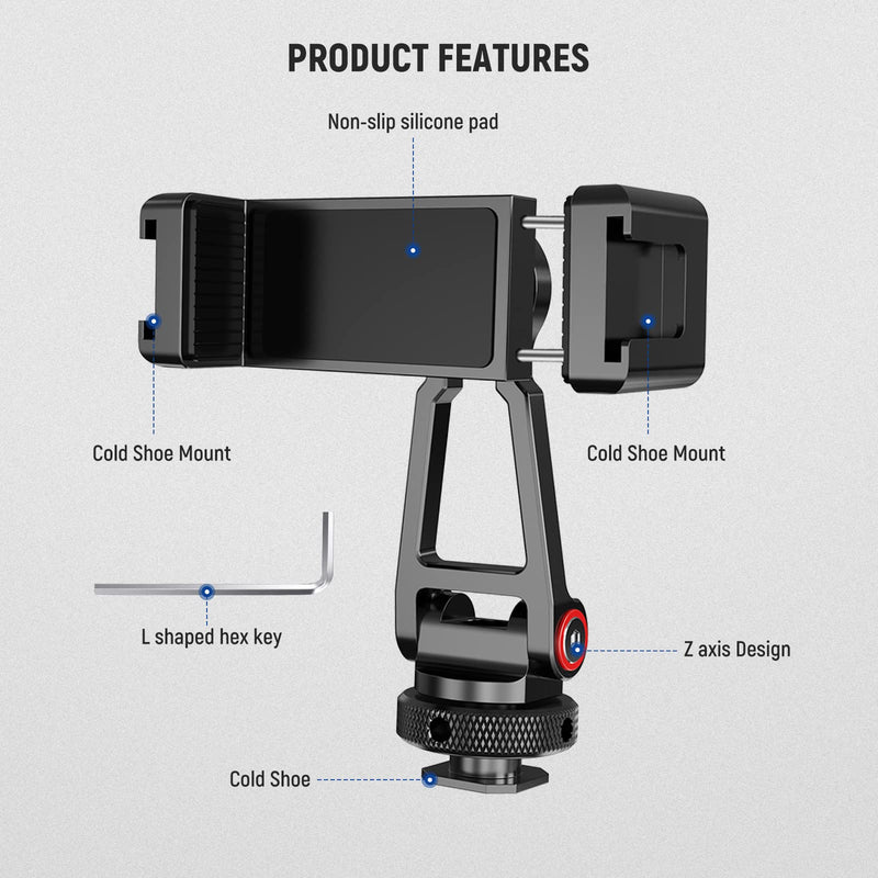 NEEWER Metal Phone Tripod Mount Adapter with Cold Shoe Base, 360° Phone Holder with 2 Cold Shoe Mount for Video Light and Mic for Vlogging, Universal Compatible with iPhone Samsung Huawei, PA001