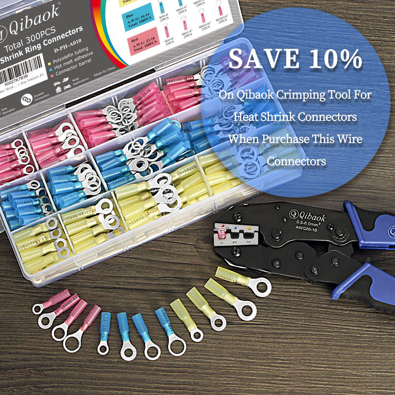 Qibaok Heat Shrink Ring Connectors 300 PCS Insulated Electrical Crimp Heat Shrink Wire Connectors Marine Automotive Copper Ring Terminals Kit