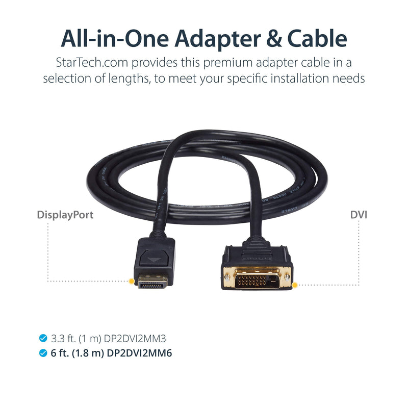 StarTech.com 6ft (1.8m) DisplayPort to DVI Cable - 1080p Video - DisplayPort to DVI Adapter Cable - DP to DVI-D Converter Single Link - DP to DVI Monitor Cable - Latching DP Connector (DP2DVI2MM6) 6 feet