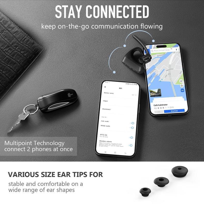 Conambo K21 Bluetooth Headset V5.1, Bluetooth Earpiece with CVC 8.0 Dual Mic Noise Cancelling Wireless Headset 12Hrs Talking Time Handsfree Headset for iOS Android Cell Phone, Trucker, Office Black