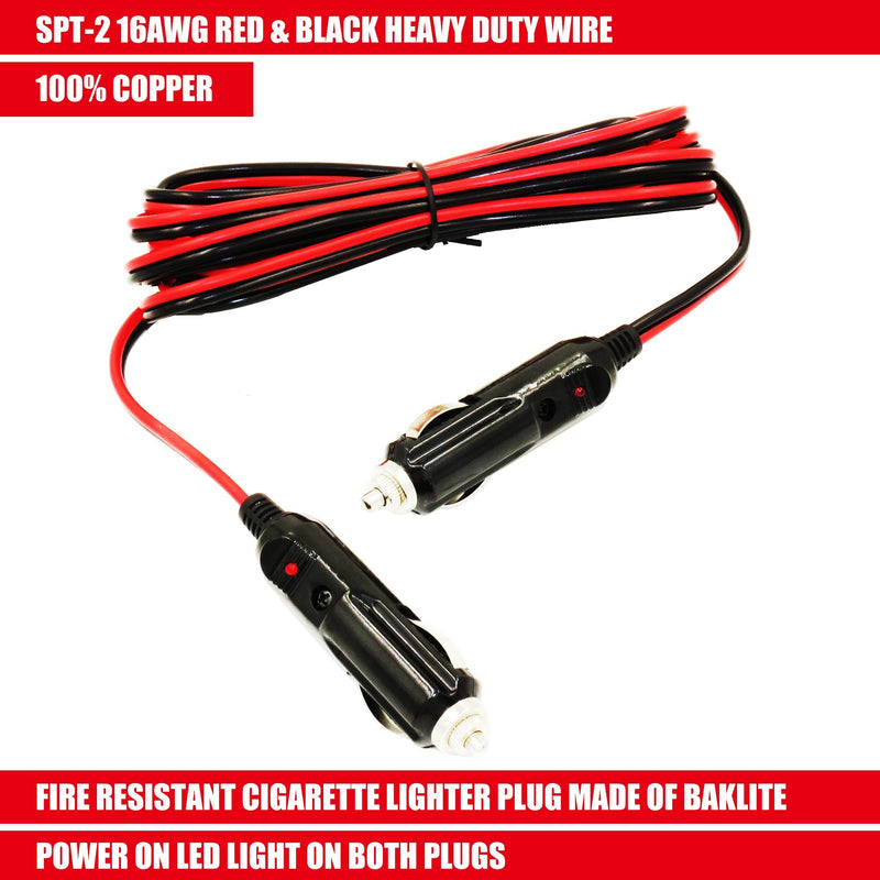 MOTOPOWER MP69000A 10FT 16AWG Heavy Duty Male to Male Cigarette Lighter Plug Cable Battery Charger Cord with LED Lights and Fuse Protection On Both Plugs Fire Resistant Plugs