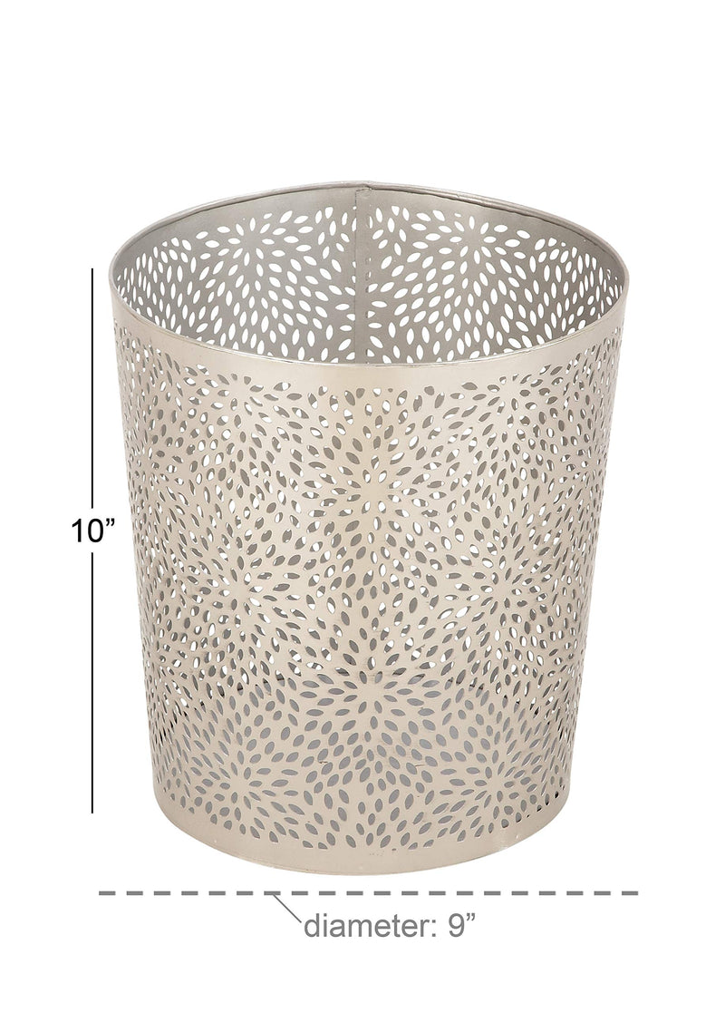 CosmoLiving by Cosmopolitan Metal Cylinder Small Waste Bin with Laser Carved Floral Design, 9" x 9" x 10", Silver Petals