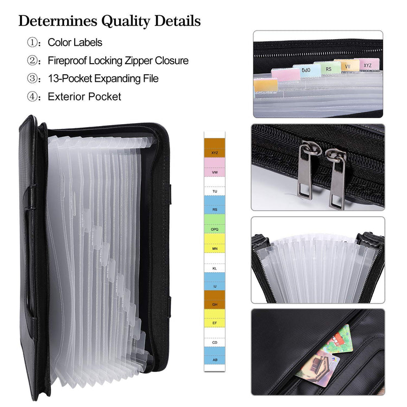 ENGPOW Expanding File Folder with Portable-Handle Document Organizer Briefcase Business Filing Bag A4 and Letter Size 13 Pockets Labels Zipper Closure Fireproof Non-Itchy Silicone Coated