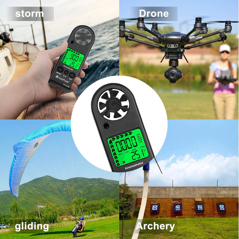HOLDPEAK HP-816B Anemometer Handheld Wind Speed Meter Gauge Air Flow Velocity Measurement with Wind Chill Indication and Backlight for Windsurfing Kite Flying Shooting (Gift : Compass) 2-HP-816B w/ Leather case