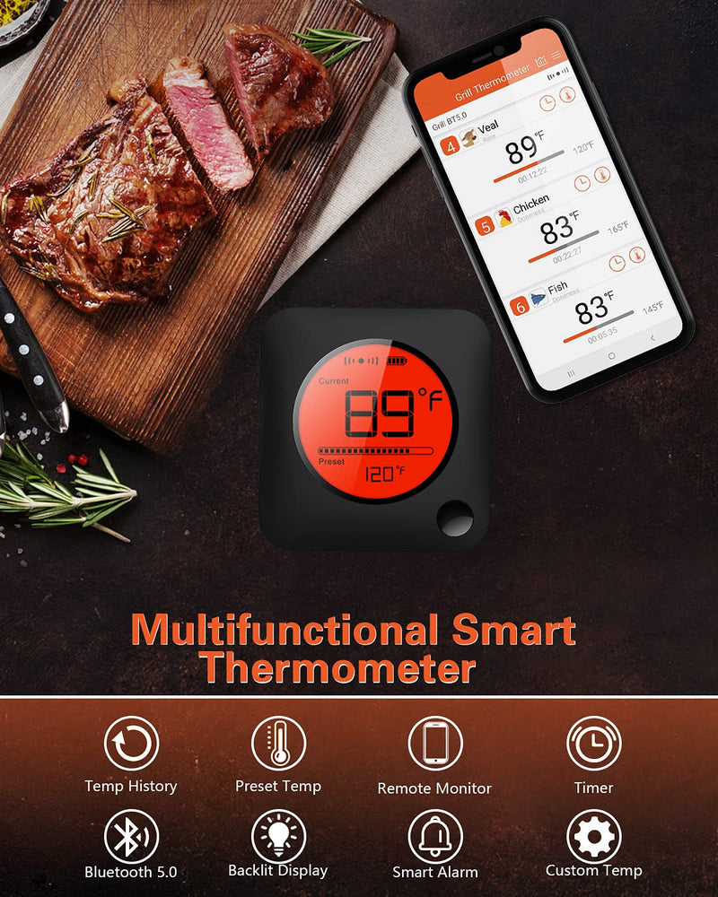 Bluetooth Meat Thermometer Wireless Meat Thermometer, Wireless Digital Grill Thermometer with 6 Temperature Probes, Large LCD Display, Bluetooth Thermometer for Grill, Smoker, Oven, Cooking and BBQ 6 Probes Black