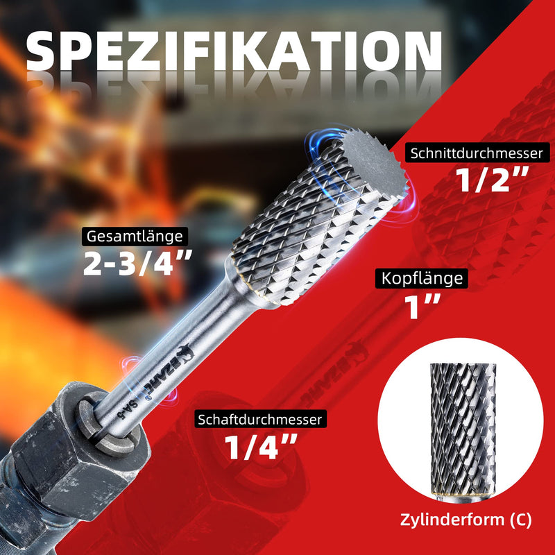 EZARC SA-5 Carbide Burrs with 1/4" Shank - Double Cut Rotary File Cylinder Shape Cutting Milling Cutter Die Grinding Drill Bit for Steel, Metal, Polishing and Engraving