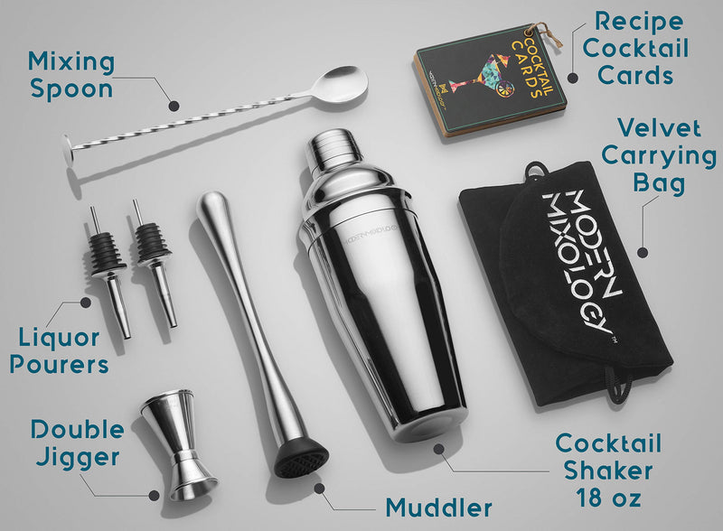 Mixology Cocktail Shaker Set Drink Mixer, 8-piece Portable Bartender Kit with 24oz Martini Shaker Barware Tool Set, 2 Pourers, Muddler, Jigger, Mixing Spoon, Velvet Bag, Built-in Strainer (Silver) Silver