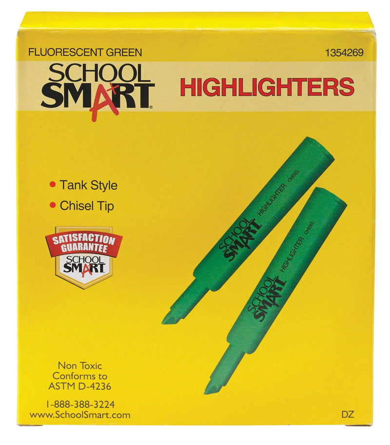 School Smart 1354269 Tank Style Highlighter, Chisel Tip, Green (Pack of 12)