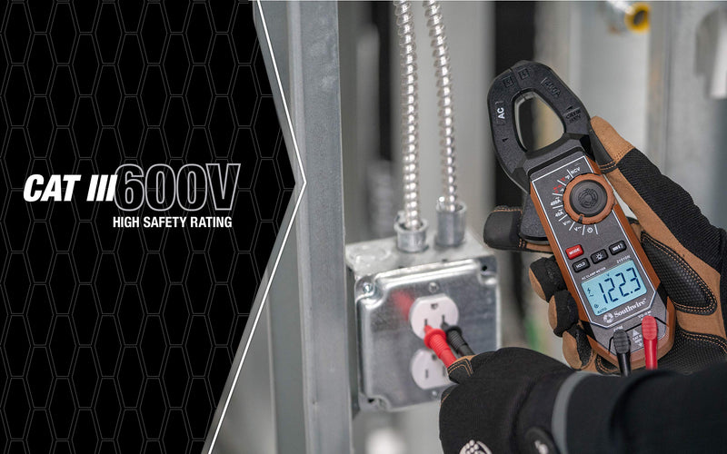 Southwire 21510N clamp meter, third-hand test probe holder, 400A AC current range, CAT III 600V safety rating, built-in non-contact voltage detector, 5 year warranty, Black Brown