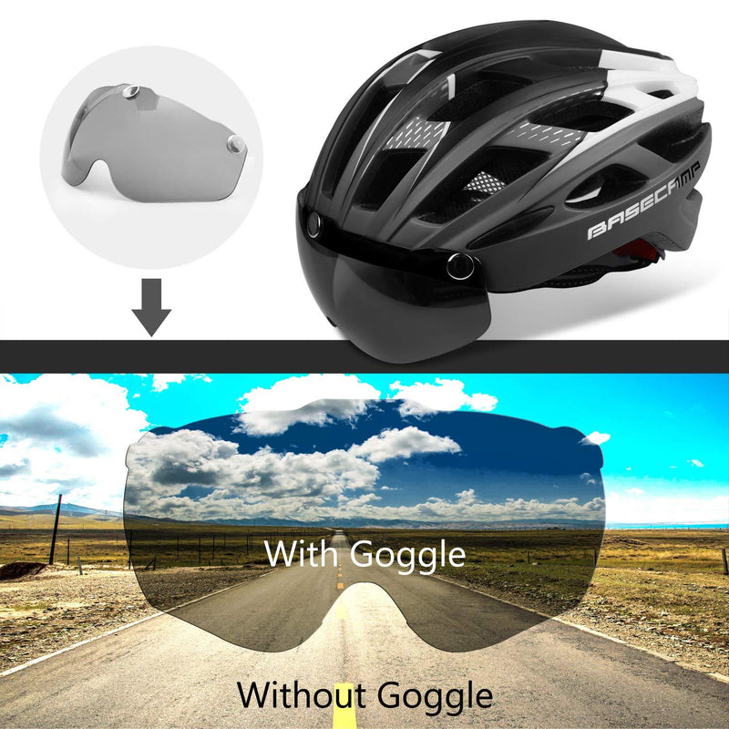 Bike Helmet, Basecamp Bicycle Helmet Cycling/Climbing Helmet with Detachable Magnetic Goggles Visor&Led Back Light&Portable Backpack Adjustable for Men Women Mountain Road Bc-069 Titanium