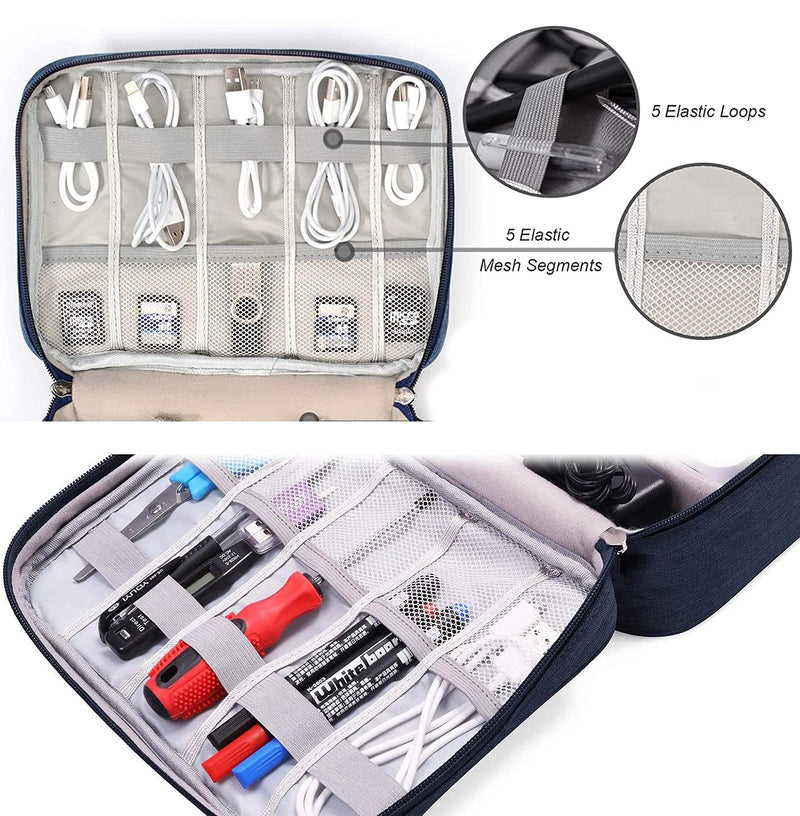 Electronic Organizer Travel Universal Cable Organizer Electronics Accessories Cases for Cable, Charger, Phone, USB, SD Card,1Pack Blue Double Layer/10.03" x7.48" x 3.54"