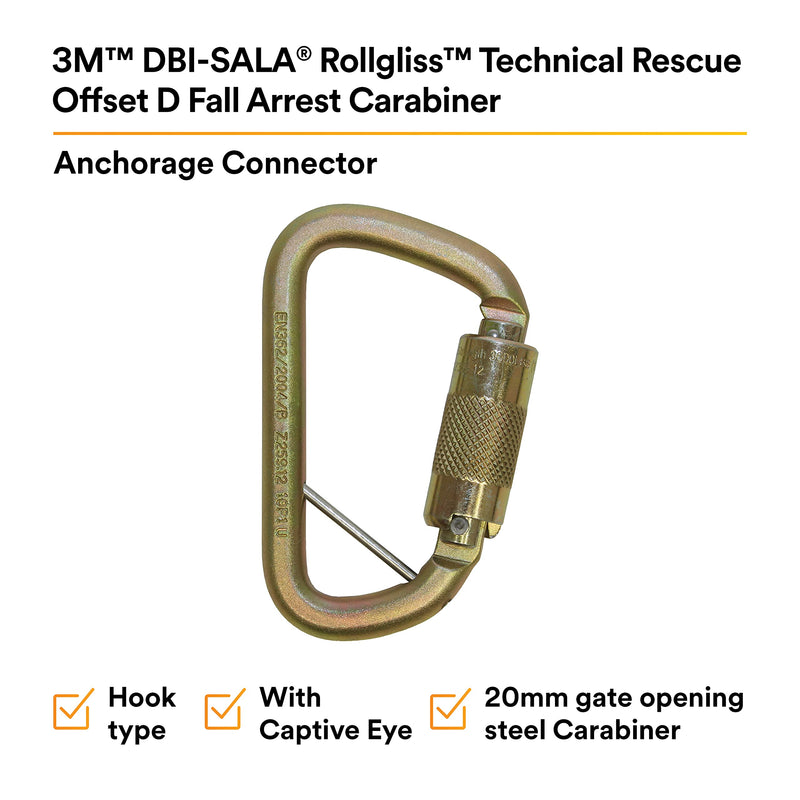 3M DBI-SALA Saflok 2000117 Carabiner, 11/16" Gate Opening Steel, with Self Closing Locking Gate, Yellow-Zinc