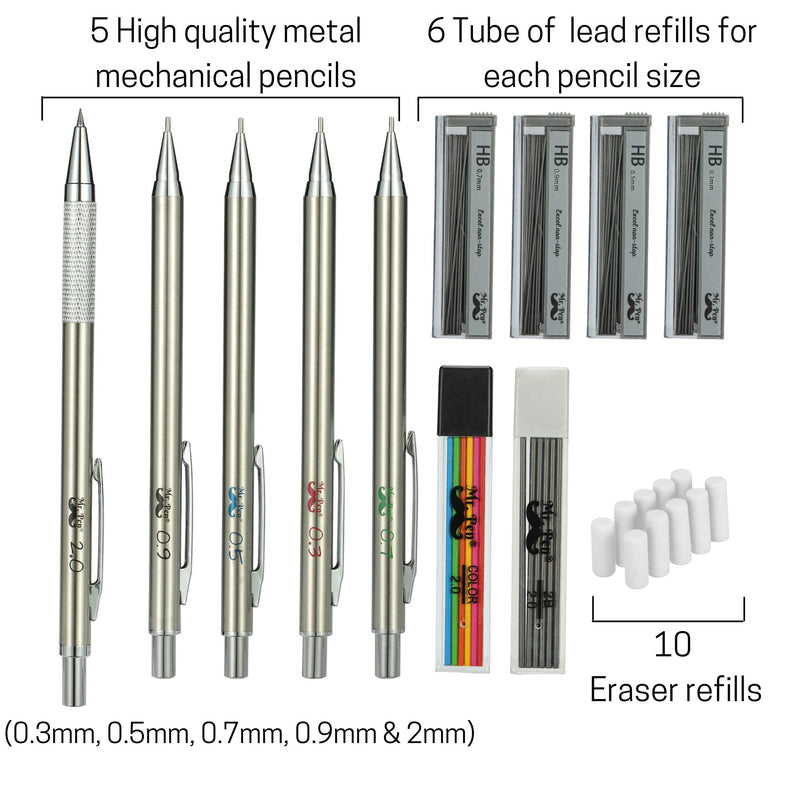 Mr. Pen- Metal Mechanical Pencil Set with Lead and Eraser Refills, 5 Sizes, 0.3, 0.5, 0.7, 0.9, 2mm, Drafting, Sketching, Architecture, Drawing Mechanical Pencils, Metal Mechanical Pencils