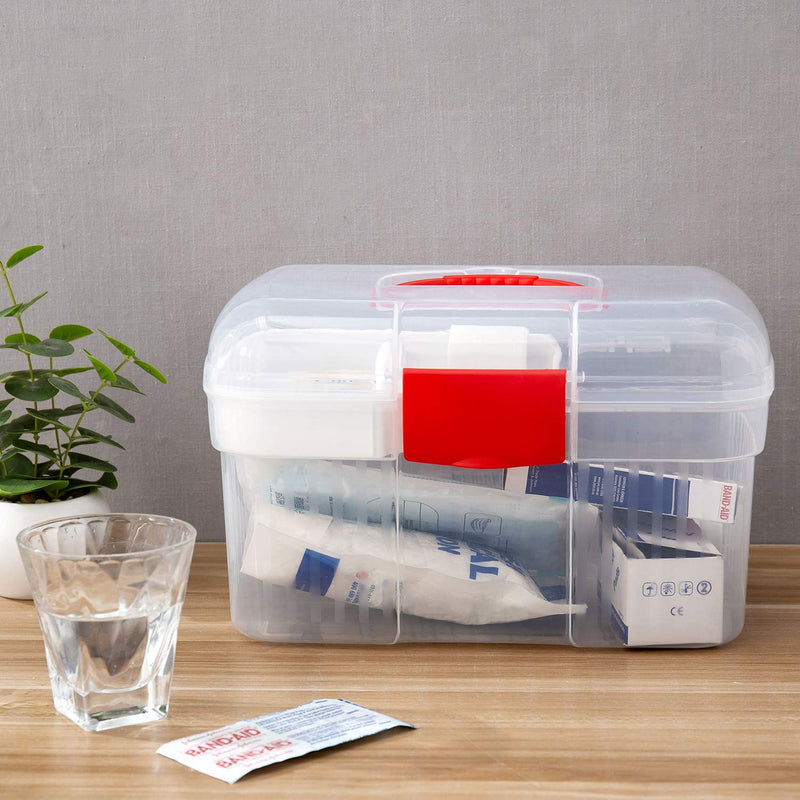 MyGift Red First Aid Clear Container Bin/Family Emergency Kit Storage Box w/Detachable Tray