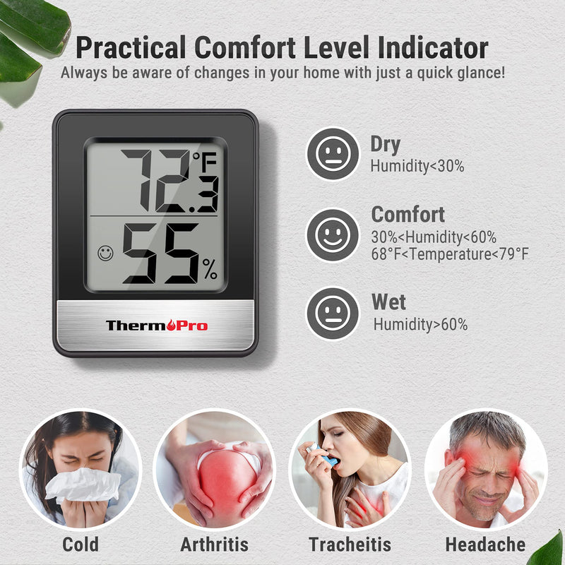 ThermoPro TP49 Digital Hygrometer Indoor Thermometer Humidity Meter Room Thermometer with Temperature and Humidity Monitor Mini Hygrometer Thermometer 1 Pitch Black