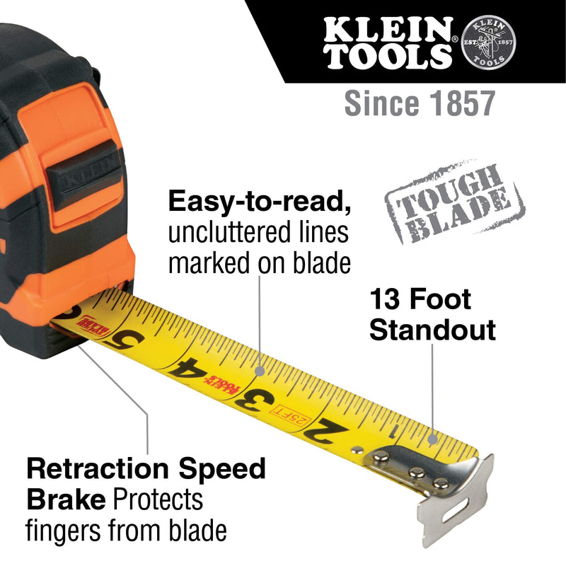Klein Tools 9125 Tape Measure, 25-Foot Single-Hook Measuring Tape, Non-magnetic with Retraction Speed Break and Metal Belt Clip