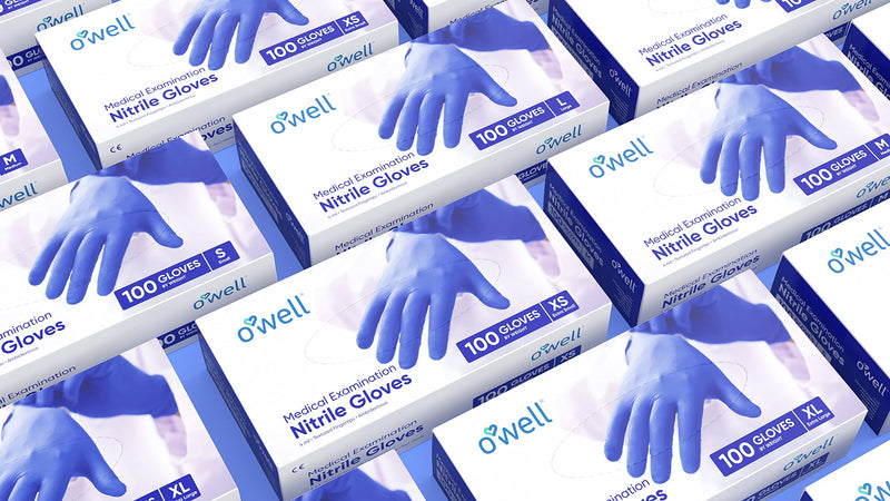 O'WELL Medical Examination Nitrile Gloves | XS-S-M-L-XL | 4mil, Finger Textured, Powder & Latex Free | Medical & Food Grade Small (100 Count) Blue