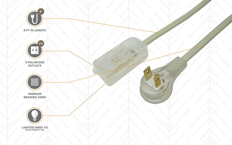 Woods 64598301 Decor Series 8-Foot Fabric Braided Indoor Extension Cord with Lighted Ends, 3 Polarized 2-Prong Outlets, Right Angle Plug, 125 Volts, Beige