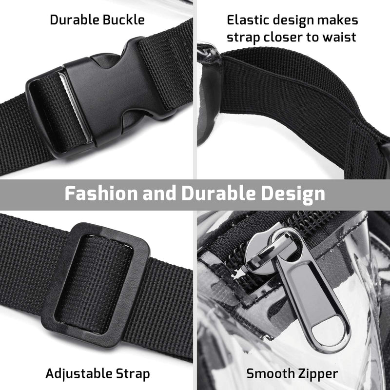 Fanny Pack, Veckle Clear Fanny Pack Waterproof Cute Waist Bag Stadium Approved Clear Purse Transparent Adjustable Belt Bag for Women Men, Travel, Beach, Events, Concerts Bag, Black
