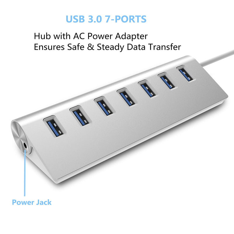 Rybozen 7-Port USB 3.0 Hub, Aluminum Data Hub with 5V/4A 20W Power Adapter and 4.9Ft USB Cable for Desktop PC/Laptop 7 Port white