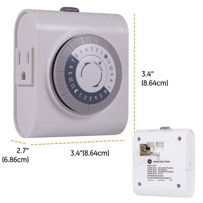 GE 24-Hour Heavy Duty Indoor Plug-in Mechanical Timer, 2 Grounded Outlets, 30 Minute Intervals, Daily On/Off Cycle, for Lamps, Seasonal, Christmas Tree Lights and Holiday Decorations, 15075