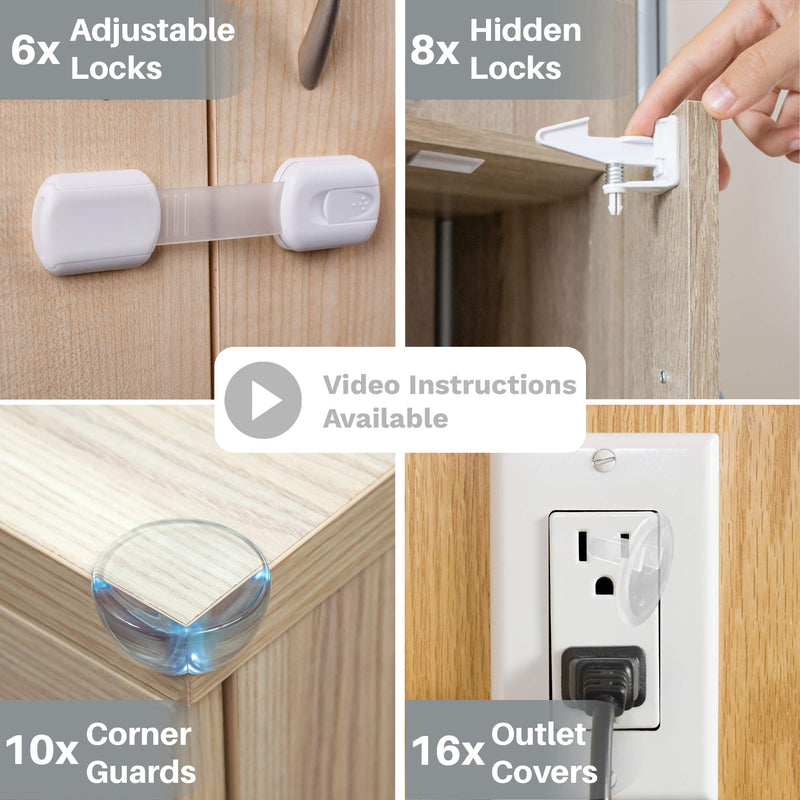 Complete Baby Proofing Kit - Child Safety Hidden Locks for Cabinets & Drawers, Adjustable Safety Latches, Corner Guards and Outlet Covers - Baby Proof Pack to Keep Your Child Safe at Home