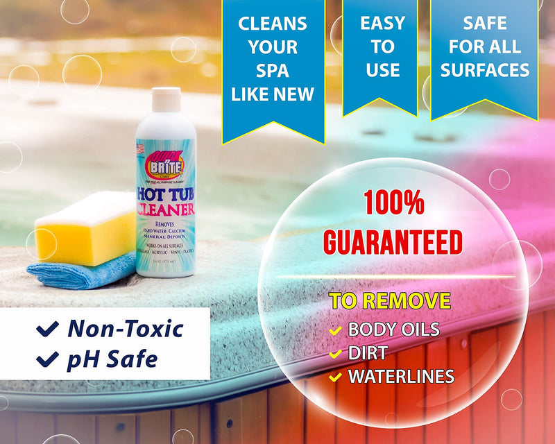 Quick N Brite Heavy Duty Hot Tub Cleaner with Sponge and Cloth for Spaâ€™s, Jetted Tubs, Whirlpools,Â Cleans Body Oils, Grease, Hard Water Spots, Vinyl Covers, Fiberglass, Filters, 16 oz, 1-Pack