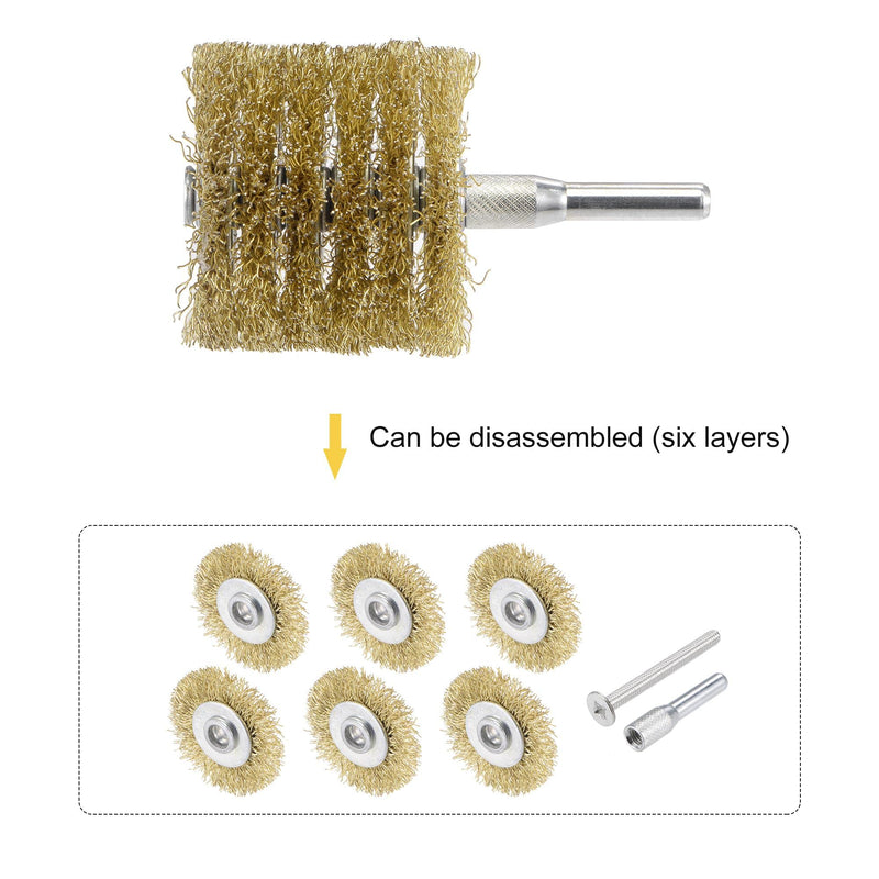 uxcell Wire Wheel Brush, 1.57" x 1.61" Stainless Steel Brass Plated Coarse Crimped Wire 0.012" with 1/4" (6mm) Round Shank for Cleaning Rust Stripping Abrasive 5pcs