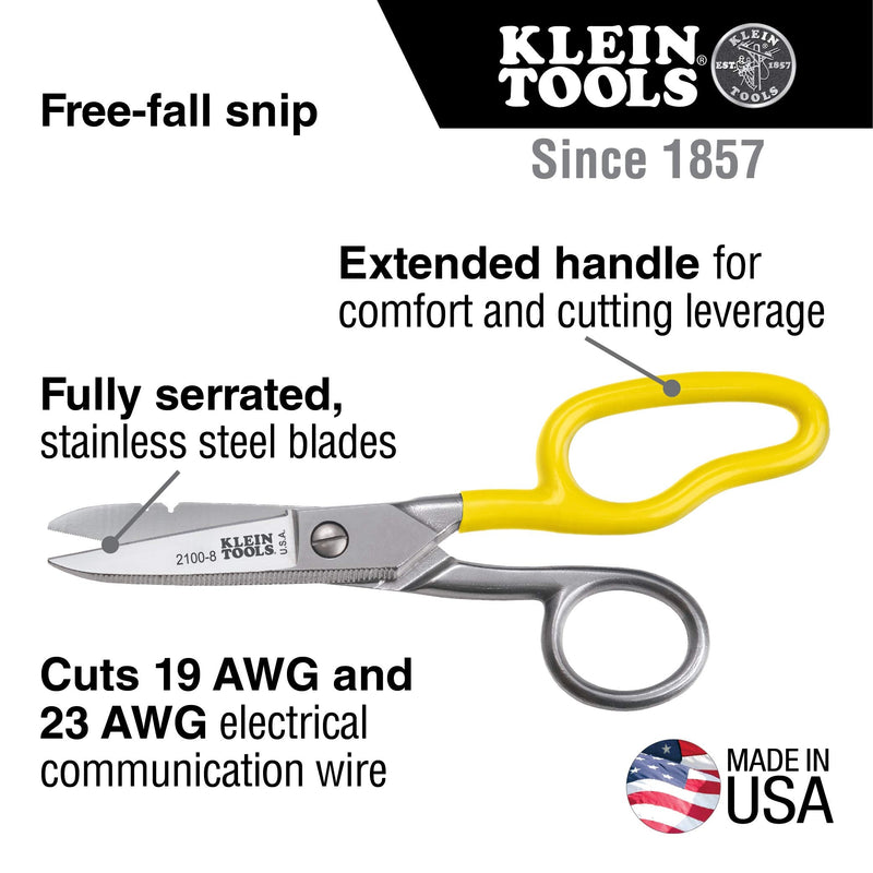 Klein Tools 2100-8 Scissors, Electrician Free Fall Snips, Stainless Steel Cut 19 and 23 AWG Electrical Communication Wire, Cable and Cordage
