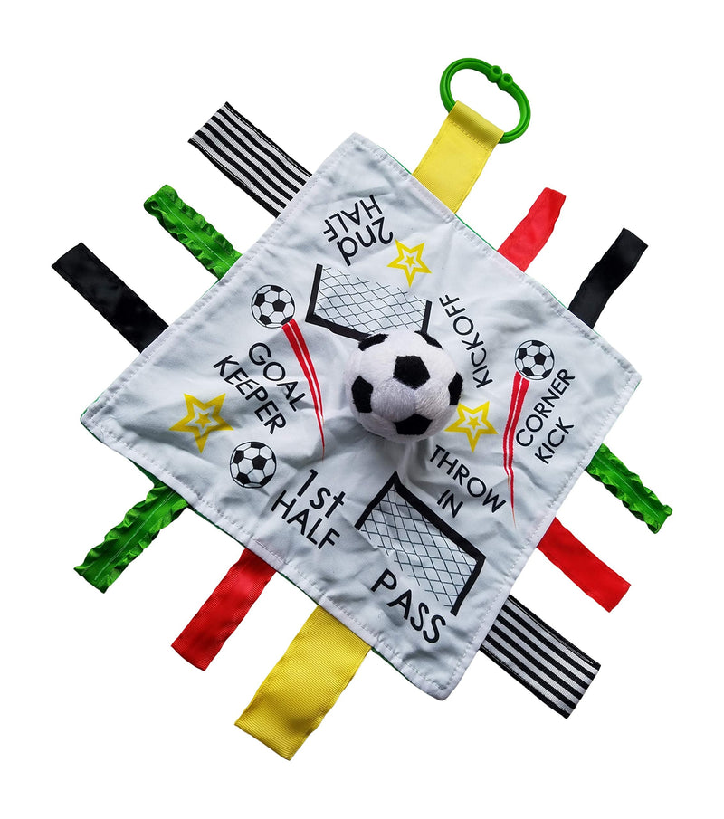 Baby Soccer Toy, Educational & Teething Closed Ribbon Tag Lovey Blanket with Security Plush: 10"X10" (Soccer Futbol)