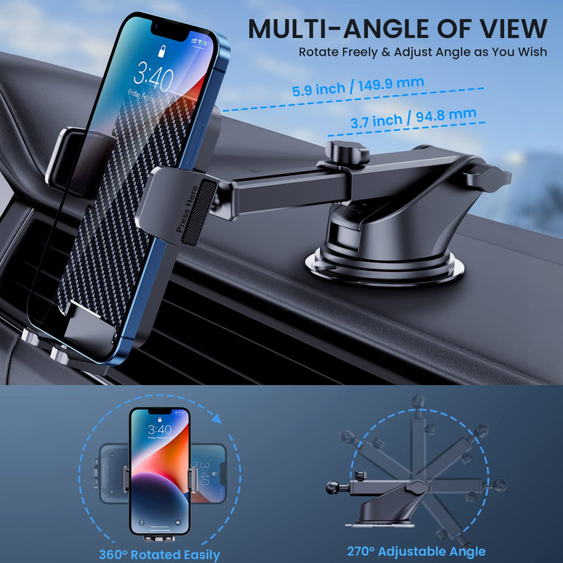 Phone Mount for Car Phone Holder Mount [Military-Grade Suction] Cell Phone Car Holder Universal Phone Stand for Car Dashboard Windshield Cell Phone Automobile Cradles Fit iPhone Android Smartphone Black