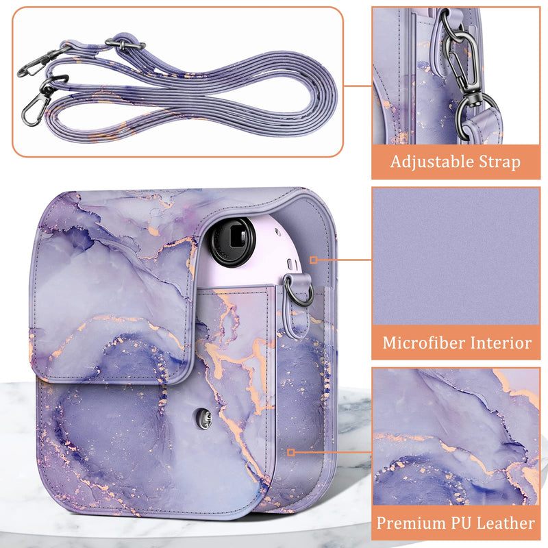 Fintie Protective Case for Fujifilm Instax Mini 12 Instant Camera - Premium Vegan Leather Bag Cover with Removable Adjustable Strap, Lilac Marble