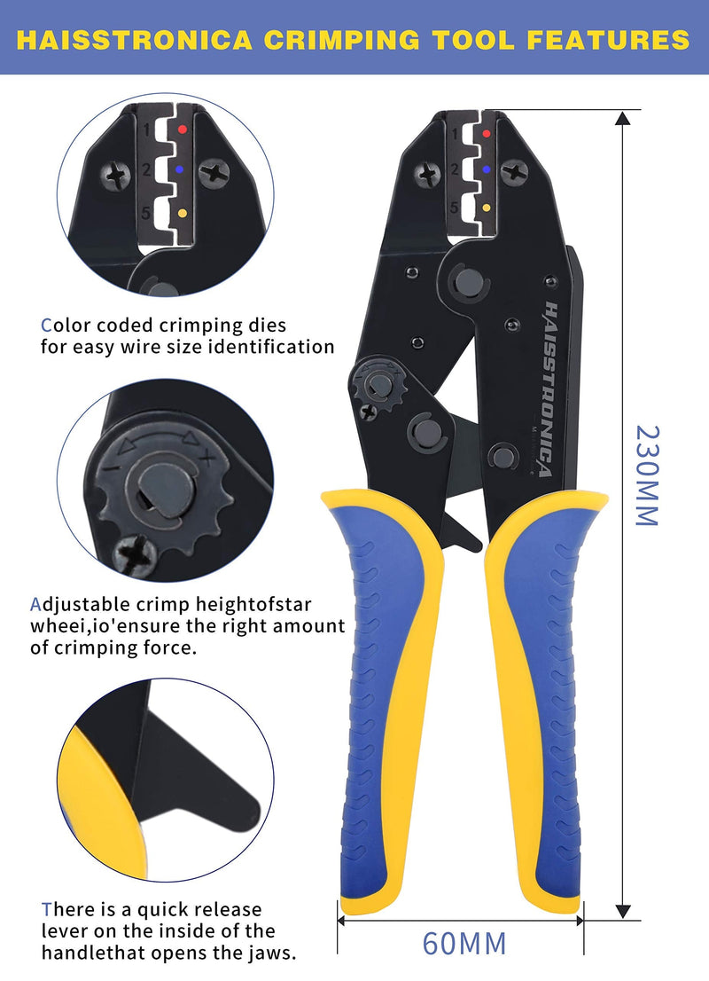 haisstronica Crimping Tool For Heat Shrink Connectors-AWG 22-10 Ratchet Wire Terminal Crimper-Ratcheting Crimper Tools-Available For Insulated Nylon Connectors and Electrical Wire Connectors HS-8327